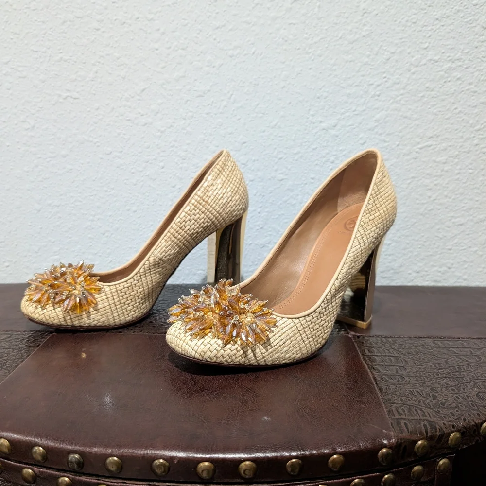 Tory Burch Metallic Kendra Raffia Pump Heels size 9.5